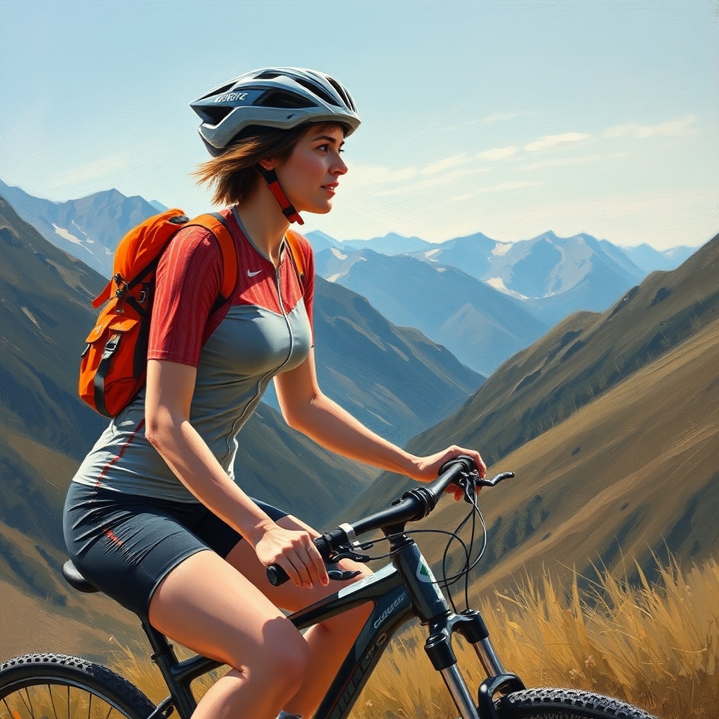 AI generated image by FLUX.1-schnell: Paint an oil picture of a sportive lady with short brown hair who loves to ride her bike in the mountains. The consistency of the mountains should be chocolate and candy. 