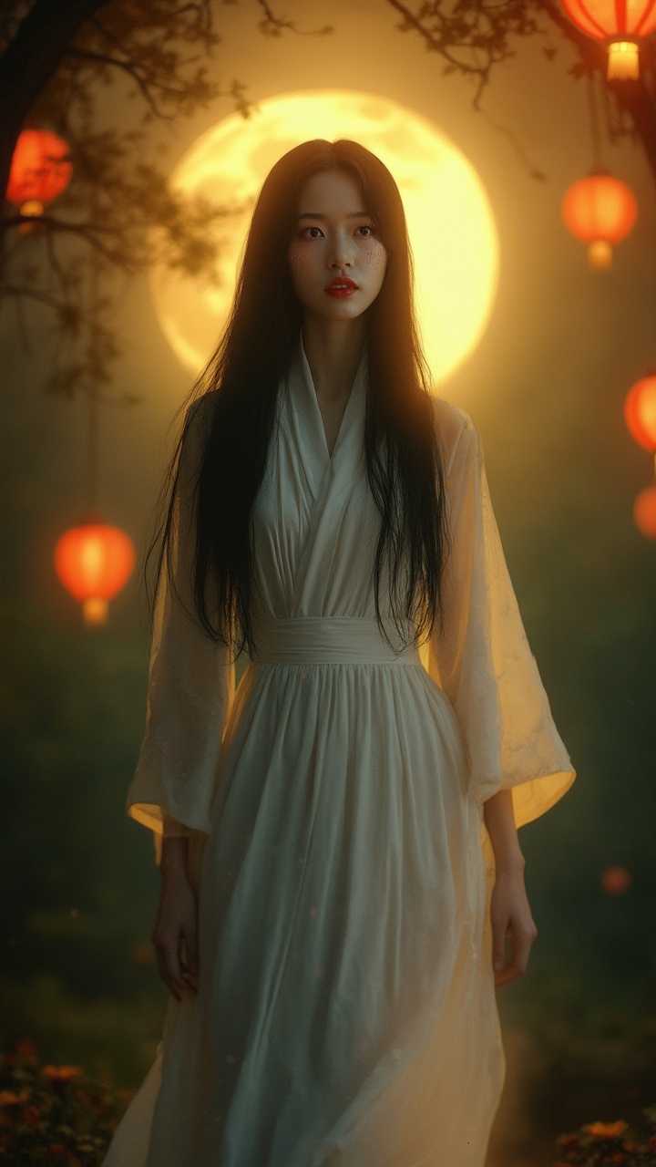 AI generated image by FLUX-Realism-Lora: 23 years old Vietnamese female ghost, porcelain white skin, red lips, purple eyes, long black hair, white silk dress slowly fluttering, standing in the night forest, yellow moonlight shining through the trees, shimmering red lanterns, brilliant yellow-red light, light fog, cinematic style, 4K, slow motion hair and dress, sparkling moonlight, magical, high detail.