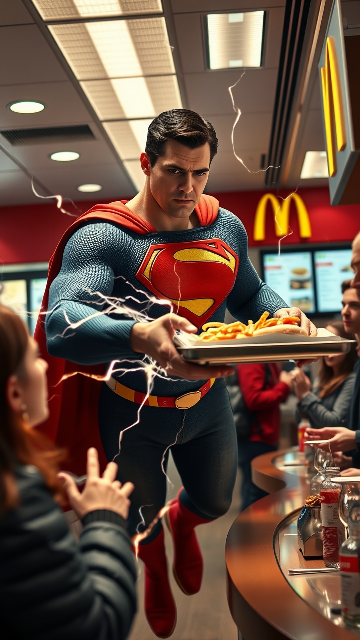AI generated image by FLUX.1-schnell: 
Superman handing a tray of food to a customer at lightning speed, modern era, wearing a McDonald's uniform, inside a McDonald's counter area, customers looking confused at how fast he moved, the counter and menu screens in the background, medium shot, hyper-realistic, photo realism, cinematography