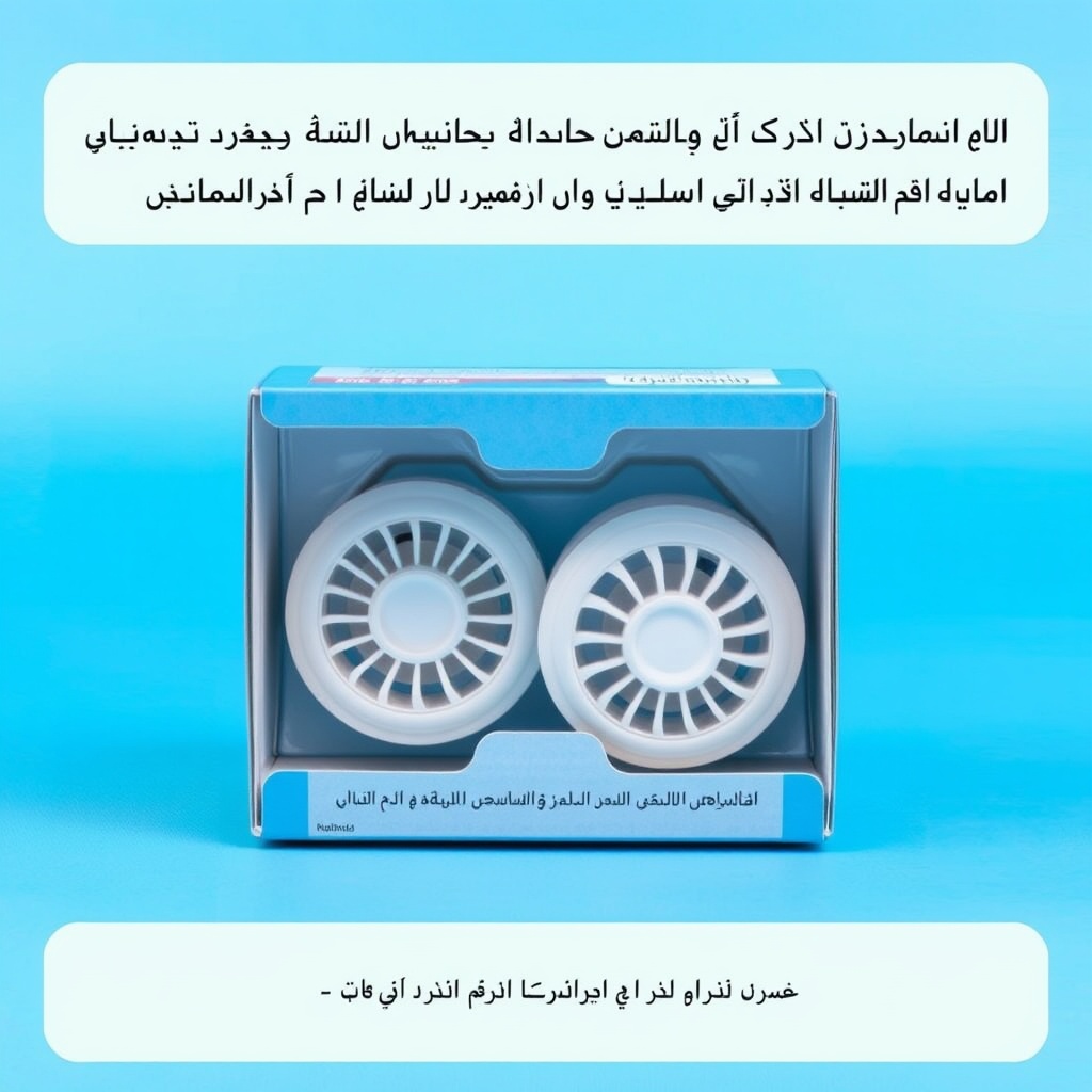 AI generated image by FLUX.1-schnell: A blue packaging box for a air conditioner, partially open to reveal two air conditioner inside. The background is a solid blue color, and there is Arabic text above and below the box indicating the purpose and dosage instructions for the medication