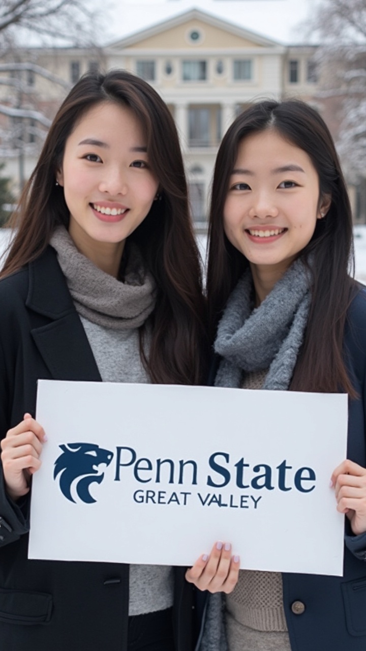 AI generated image by FLUX-Realism-Lora: Two American-Chinese young ladies, very attractive, holds a sign that says "Penn State Great Valley". Make sure the spelling is accurate. Dressed professionally. Pale skin. Light makeup. In front of a snow-covered building. Very realistic. 