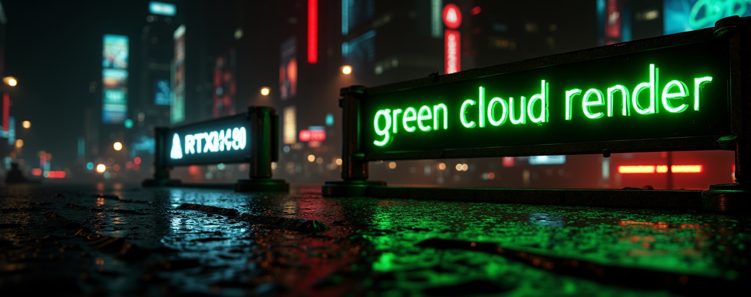 AI generated image by FLUX.1-image-to-image: Big Banner with text "Green Cloud Render" and Small Banner text "RTX4090", stylized cyberpunk font. Background cyberpunk cityscape at night, a photo with intricate details and vibrant colors. Hard lighting and neon signs illuminates the metallic, glossy, and reflective surfaces. Cinematic color grading, 16K resolution, telephoto lens, large aperture, and underexposed settings enhance the futuristic mood.