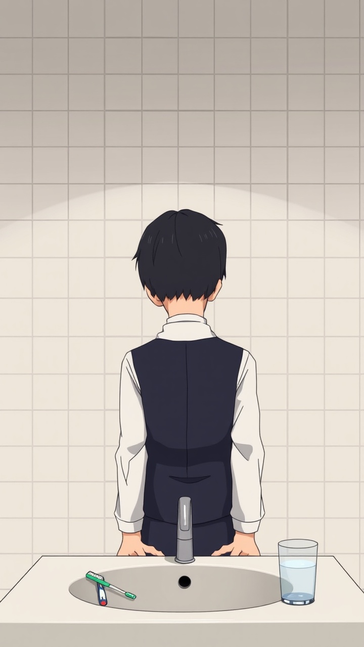 AI generated image by FLUX.1-schnell: Omocat's omori game artstyle, The image depicts a young person standing behind a bathroom sink facing the camera, their expression somber. The sink is directed away from the viewer. Their dark hair is neatly styled, and they are dressed in a white shirt with a dark vest. The tiled walls behind them are plain and featureless, creating a sense of isolation. The only other elements in the scene are a toothbrush and a glass on the counter, suggesting a routine that the individual may find difficult to engage in. The overall mood of the image is melancholic, hinting at a sense of loneliness or sadness. The subdued colors and minimalist composition further contribute to the somber atmosphere.  The image leaves room for interpretation, inviting viewers to consider the inner thoughts and feelings of the subject.