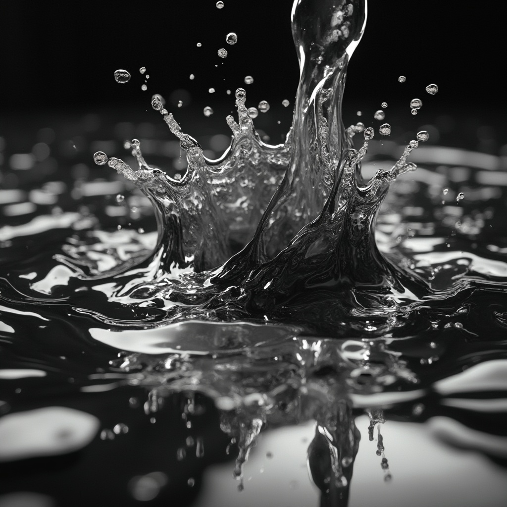 AI generated image by FLUX-Realism-Lora: Liquid art photography, dynamic black and white fluid motion, high-contrast monochromatic abstract, liquid sculpture, mercury-like texture, macro photography, flowing forms, dramatic lighting, silver fluid dynamics, experimental photography style, sharp details, 4k resolution