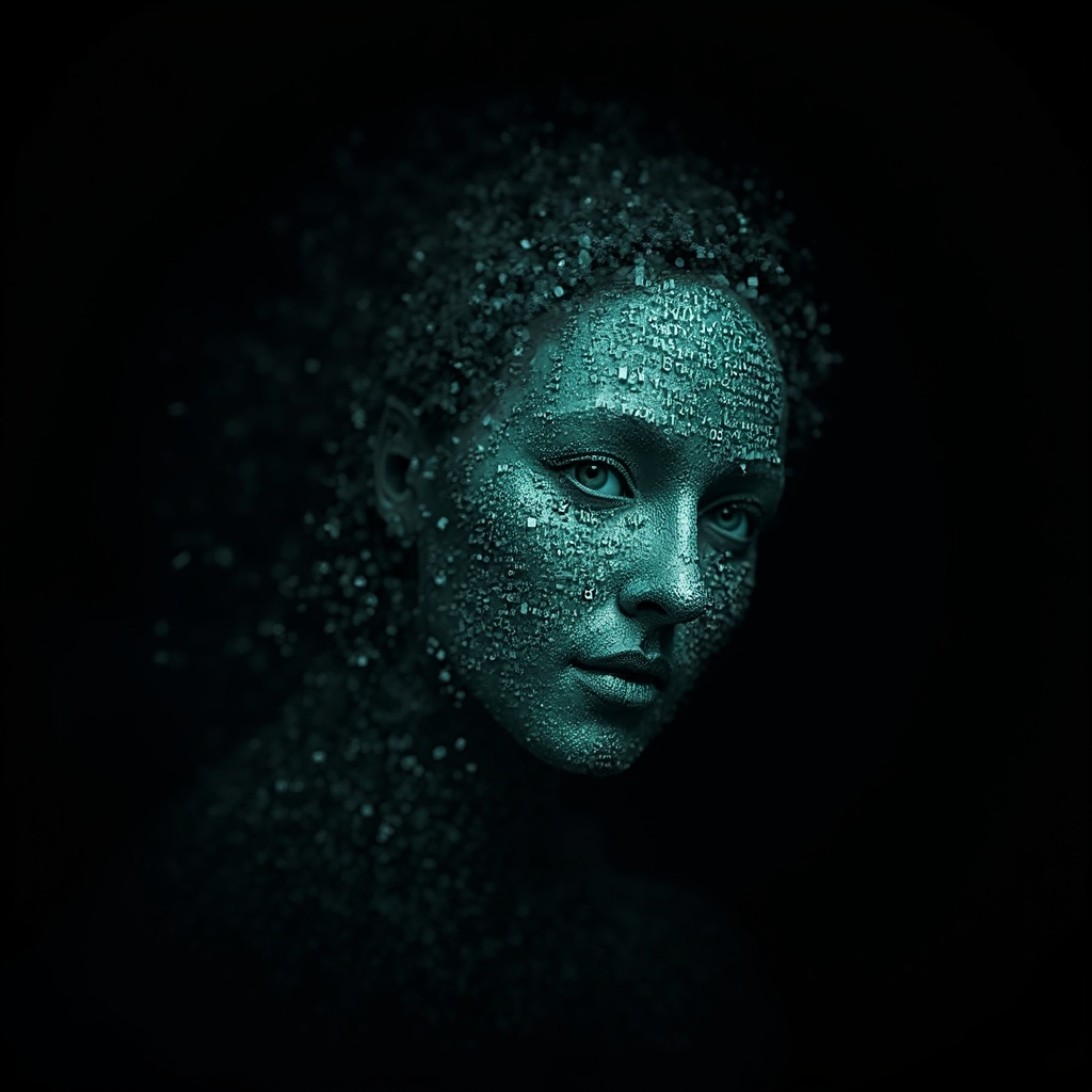 AI generated image by FLUX-Realism-Lora: Ada Lovelace's face as a digital mask made from thousands of turquoise numbers and formulas forming his face. the formulas and numbers fly behind the mask leaving a trail of complexity. the mask is floating dynamically in mid air. his head is turned to the right but his eyes are looking directly into the camera. the mask is on a black background.  like a png with black only background. photo realistic, sci-fy