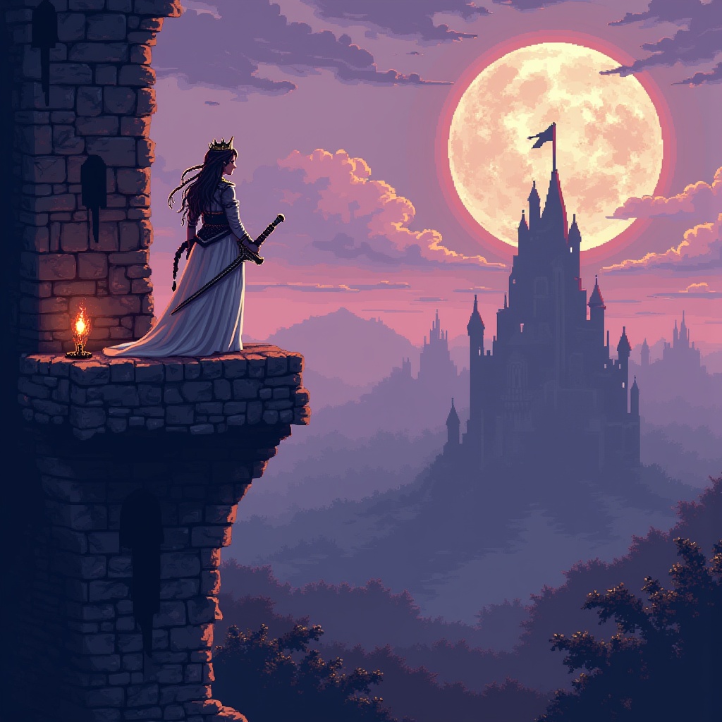 AI generated image by FLUX.1: "A striking, independent princess stands alone on a high castle balcony, her pixelated silhouette bathed in the soft lavender light of a rising moon. She wears a flowing cloak over elegant armor — not just ceremonial, but battle-worn — with a jeweled sword resting against the stone beside her. Her long hair, partially braided with silver threads and feathers, catches the breeze as she gazes over her kingdom with eyes that burn with wisdom, resilience, and defiance. She is not waiting to be rescued — she is planning her next move.

The scene is rendered in a retro, 16-bit pixel art style, rich with grainy CRT textures, visible scan lines, and glowing pixel bloom that traces the edges of torches, banners, and her enchanted crown. Below, the shadowed forest stirs with ancient magic, and distant drums echo like a heartbeat from a rising rebellion. The aesthetic captures the atmosphere of a lost SNES-era RPG — one that broke convention and gave players a heroine who didn’t need saving, only remembering. Regal. Fierce. Uncompromising."