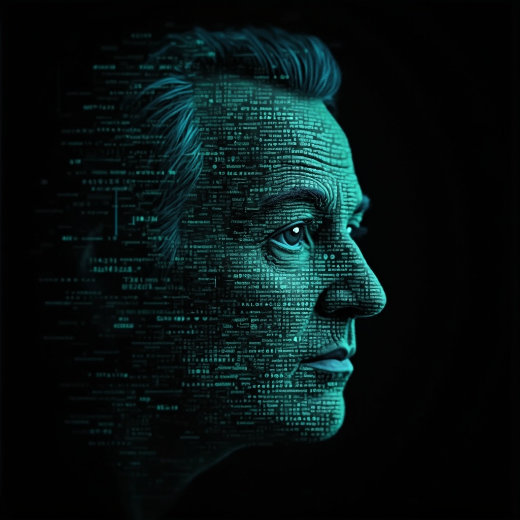 AI generated image by FLUX-Realism-Lora: Richard Feynman's face as a digital mask made from thousands of bright turquoise numbers and formulas forming his face. He has a clean haircut with side parting a big forehead and a slight smirk on his face. he is 40 years old. The formulas and numbers fly behind the mask leaving a trail of complexity. The mask is floating dynamically in mid air. His head is turned to the right but his eyes are looking directly into the camera. The mask is on a black background. Like a png with black only background. Photo realistic, sci-fy
