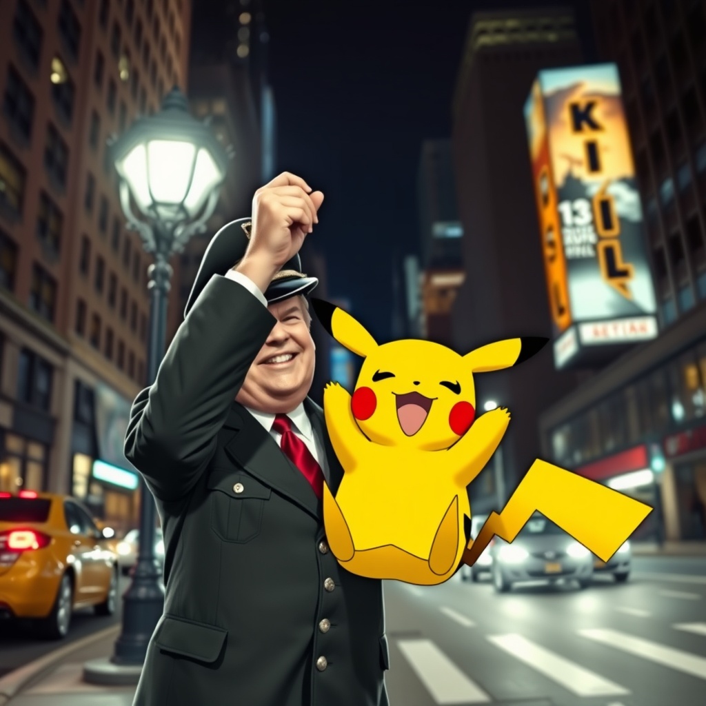 AI generated image by FLUX.1-schnell: Donald trump wearing WW2 german uniform holding pikachu upside-down by his tail and they are both laughing, they are in the middle of downtown new york city at night with a street light illuminating the two of them
