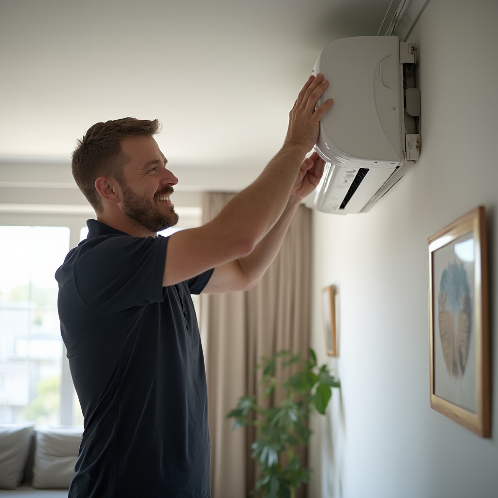 AI generated image by FLUX-Realism-Lora: A man doing service on a residential air conditioning unit. The interior of the flat is modern and bright. The man is satisfied with his work. The man is dressed in a dark polo shirt.