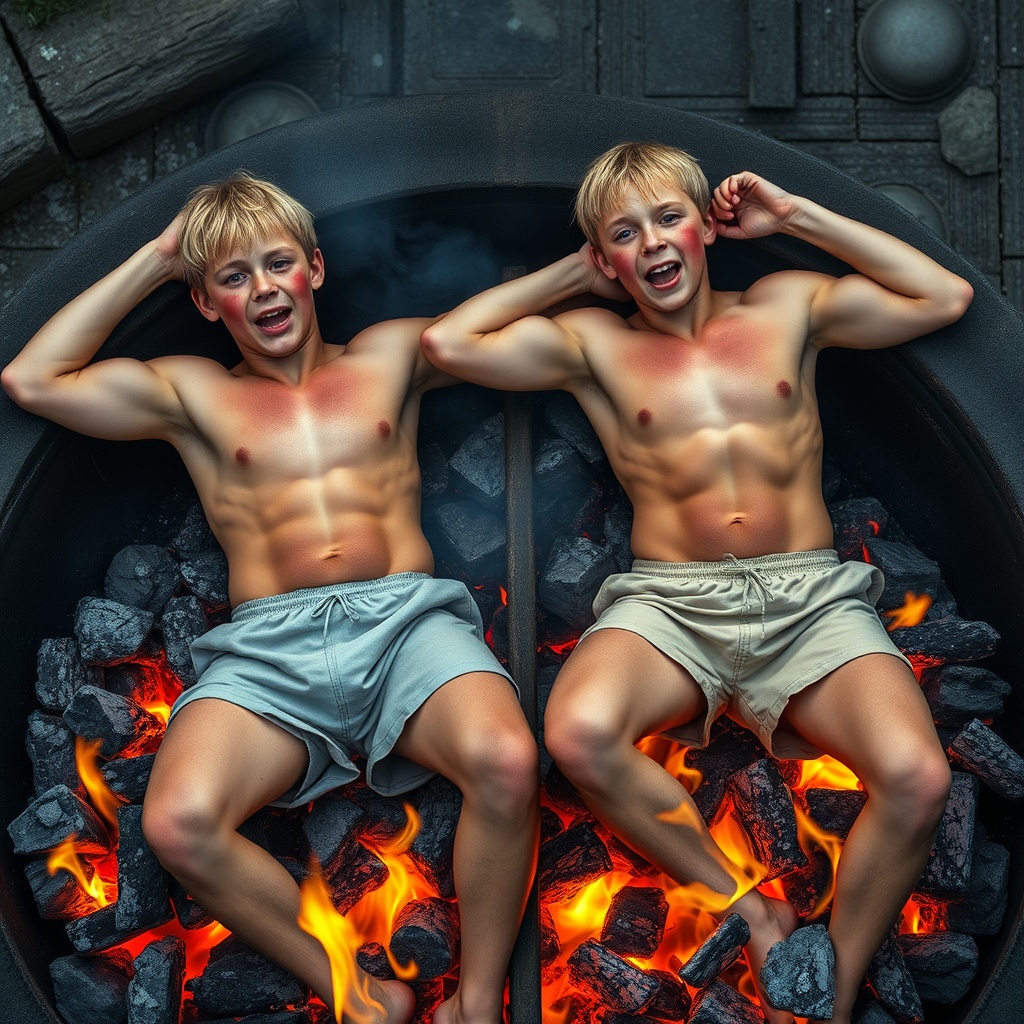 AI generated image by FLUX.1-schnell: photo-realistic in this image, at a distance of 114 meters far from  that scene, high so realism of a two and so beauty and attractive and  so well defined rounded and so circular pecs and so ripped abs bodybuilder of a 12 year old Norwegian boys, with real short and very straightened and smooth  blond hair, each of them with blue eyes, (( the skin on their pectorals and belly is so reddened and full of burns and welts )),  ( dressed only in cloth shorts ), (((( they are full lying  directly on a burning charcoal  and fire of the circular and ample  home-grilling-machine for outsiders, and strong flares and extrem flames of fire  just below the bodies of both, as if it were the turbine of a jet plane turned on at full throttle )))), ((( Those bodies wrapped with the embers of the flame ))), ((( their faces expresses a strong scream and with his mouth wide open ))),  (((((  also just right on the fabric of their shorts are engulfed in flares of  intense fire ))))),