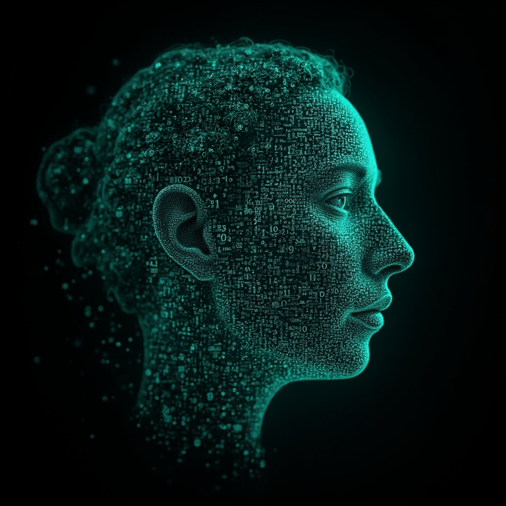 AI generated image by FLUX-Realism-Lora: Emmy Noether's face as a digital mask made from thousands of bright turquoise numbers and formulas forming her face. (she has a round, fat face is 45 years old and has long hair which is made into a plait. She has slightly swollen eyelids) The formulas and numbers fly behind the mask leaving a trail of complexity. The mask is floating dynamically in mid air. Her head is slightly turned to the right but her eyes are looking directly into the camera. The mask is on a black background. Like a png with black only background. Photo realistic, sci-fy