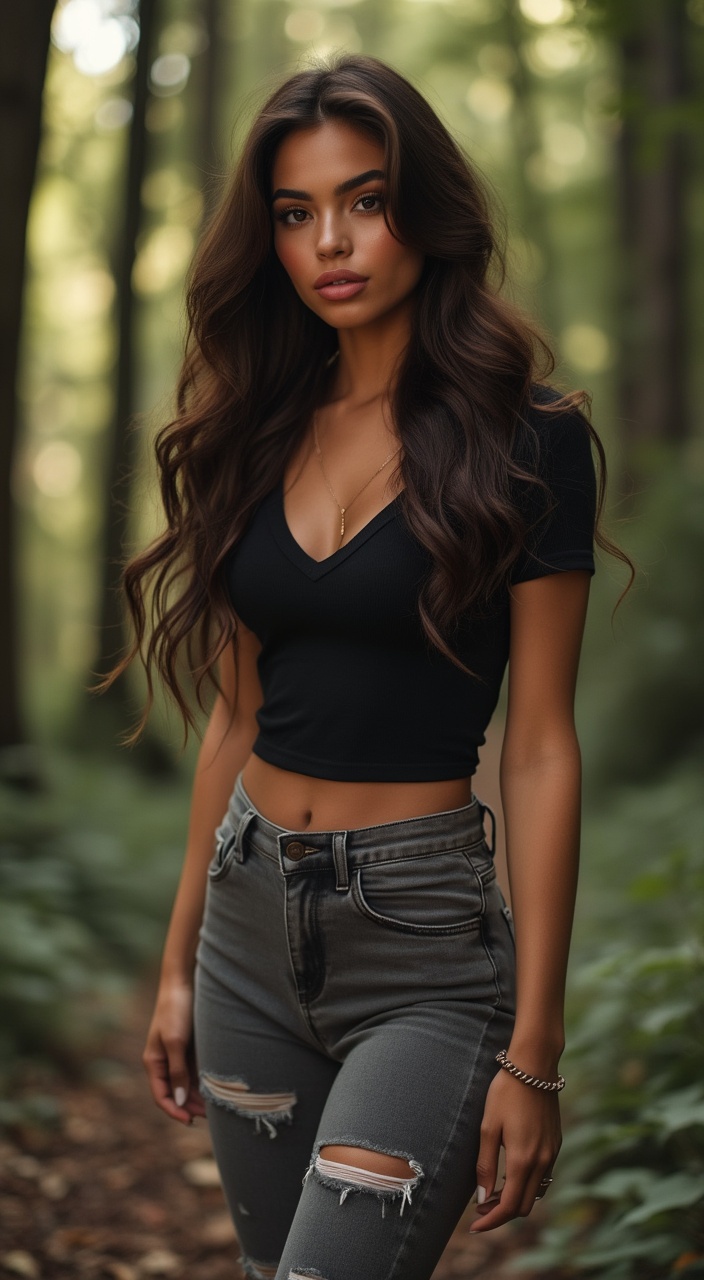 AI generated image by FLUX.1-pro: a beautiful 22-year-old female pop star, she is Puerto Rican with caramel brown colored skin, she has long, smooth, wavy brown hair. she has big doughy brown/green eyes that reflect a lot of light. she has high cheekbones and puffy, thick, full pink lips that shine from lip gloss, she has a long sinuous neck with defined shoulders and collar bones, she is thin and fit with a busty frame, she has dark eyeliner and big eyelashes. she wears a tight, black V-neck t-shirt. she wears tight grey jeans with rips in them, she is in a dimly lit forest al alone, she has long toned legs