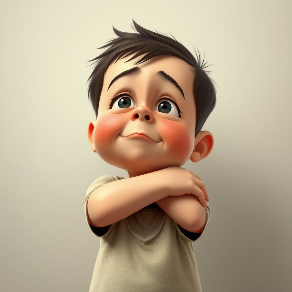 AI generated image by FLUX.1-schnell: Has una imagen, estilo caricaturesco, de un niño con los brazos cruzados, la cabeza mirando hacia arriba, con expresión de interrogación.

