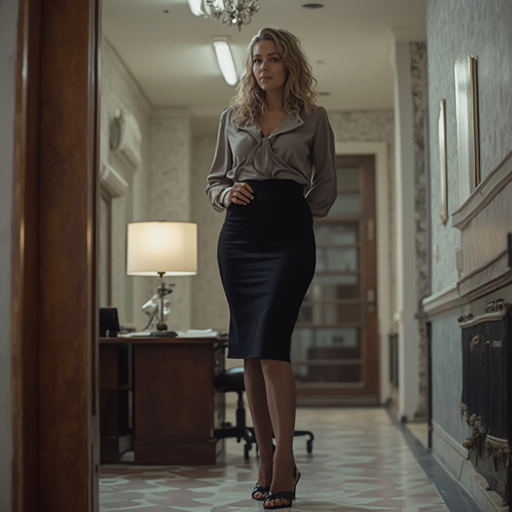 AI generated image by FLUX-Realism-Lora: Hot Mediterranean woman in 40s, curvy, wide thighs in dark stockings, tight skirt, long heels, in office
