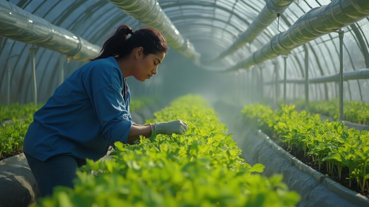AI generated image by FLUX-Realism-Lora: Una joven agricultora nicaragüense trabaja en un invernadero de hidroponía, inspeccionando raíces y hojas de plantas cultivadas en canales de PVC. Ella ajusta manualmente el flujo de agua o los niveles de nutrientes en el sistema. Viste camisa azul de trabajo y luce concentrada. A su alrededor, las hileras de cultivo crecen en soluciones nutritivas con tuberías blancas y un sistema de monitoreo digital instalado. Estilo realista, iluminación natural.
