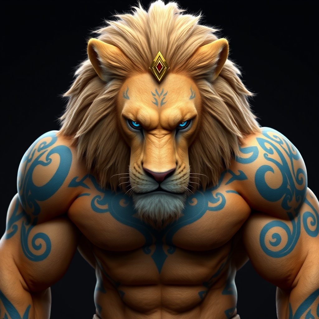 AI generated image by FLUX.1-schnell: This is a highly detailed, digital CGI artwork featuring a muscular anthropomorphic lion character. The lion, depicted with a human-like physique, has a powerful, imposing presence. Its fur is a natural, sandy color, with intricate, swirling blue tribal tattoos covering its muscular arms, chest, and face. The face, with piercing blue eyes, is adorned with a golden crown-like accessory on its forehead. The lion's expression is fierce and focused, with a clenched jaw.