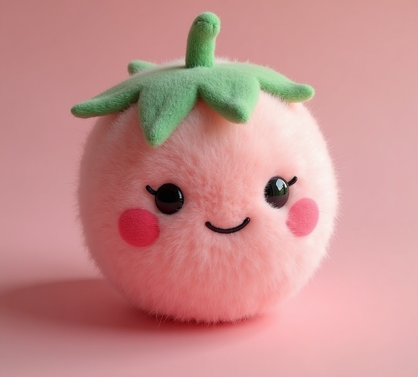 AI generated image by FLUX.1-image-to-image: identify the strawberry in the photo and generate a soft fluffy toy look like that. no facial features needed, and i want it to be slightly flattened