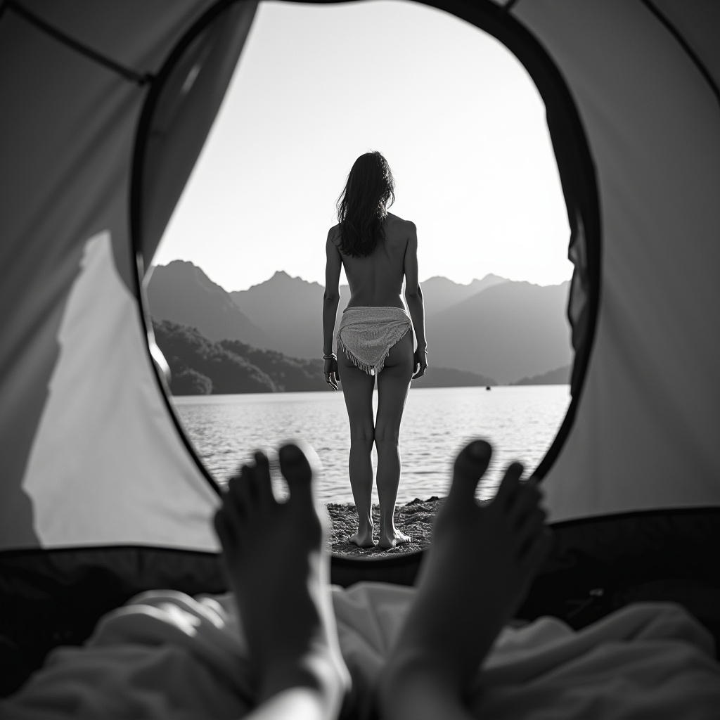 AI generated image by FLUX.1: A black-and-white photograph from inside a tourist tent, showing bare feet in the foreground. In the midground, the silhouette of a young woman is standing outside the tent with her back to the viewer, wearing pareo on her naked body. Her legs are shoulder-width apart. It's daytime, with a natural scene of mountains and a lake in the background

