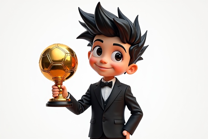 AI generated image by FLUX.1-image-to-image: This Ballon d'Or is being held by a 16-year-old boy, 170 cm tall, with black spiky hair, in his right hand at a ceremony, wearing a black suit.