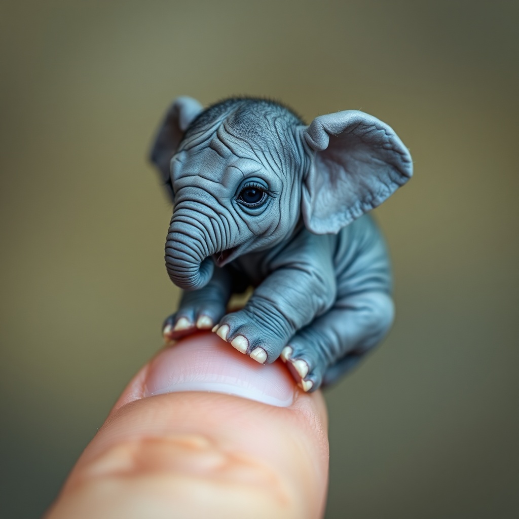 AI generated image by FLUX.1-schnell: Create a hyper-realistic image of a tiny baby elephant sitting on a human thumb. The elephant Is incredibly small, with wrinkled, gray skin and large, expressive eyes. I It holds onto the thumb with its tiny, adorable feet. The scene is focused closely on the baby elephant, highlighting its delicate features and soft fur on its body, with the human hand blurred in the background to emphasize the size contrast.