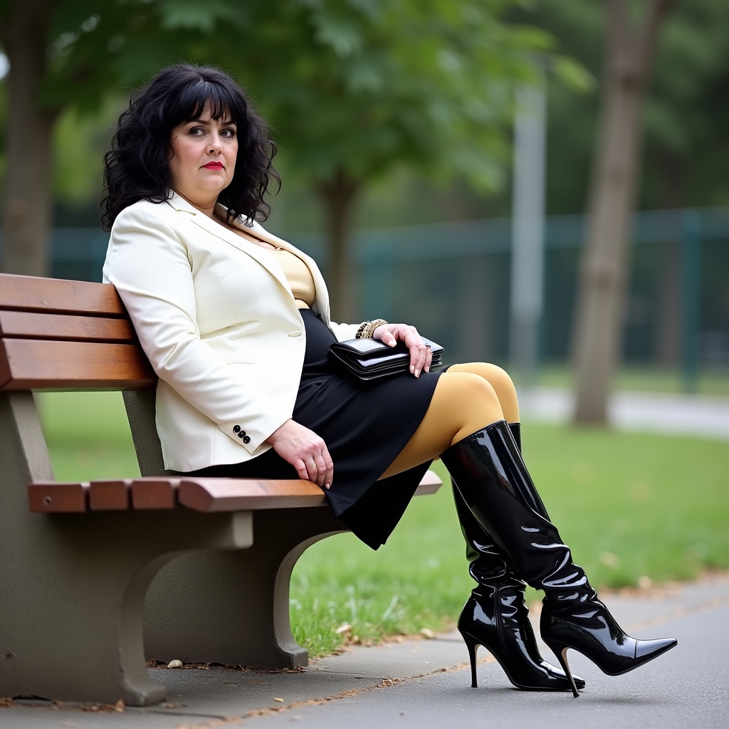AI generated image by FLUX.1: A middle-aged woman, slightly overweight, is sitting sideways on a wooden bench in a park. She is wearing a white blazer, black skirt, dark yellow-beige tights and black patent leather thigh-high boots with stilettos, she has black curly hair with bangs, she holds a black clutch bag on her lap, and she looks seriously straight at the camera.  The bench stands on the sidewalk, with trees and a fence visible in the background.