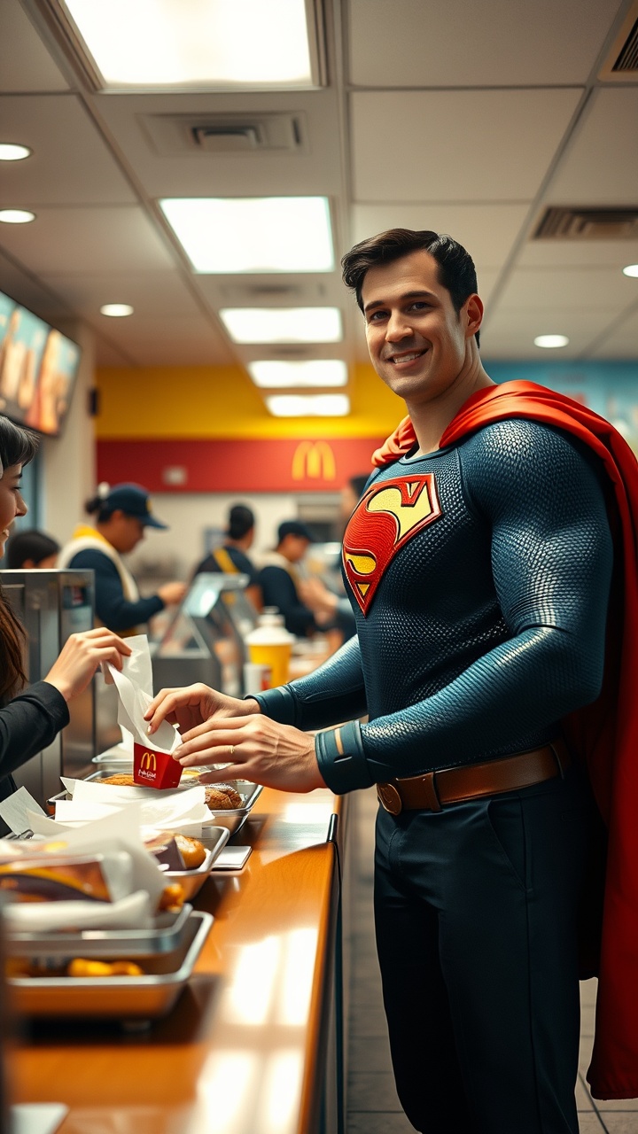 AI generated image by FLUX.1-schnell: Superman working at a McDonald's counter serving customers, modern era, wearing a McDonald's uniform with a cape underneath, inside a bright fast-food restaurant, taking orders with a smile, a busy kitchen with employees visible in the background, medium shot, hyper-realistic, photo realism, cinematography