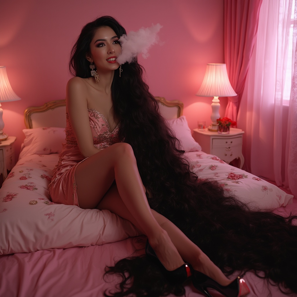 AI generated image by FLUX-Realism-Lora: A petite, slim, pretty middle aged woman smoking, smiling like a Rapunzel, reminiscent of Gita Basra, with beautiful, very thick, voluminous black hair that reaches to the floor and lies on the floor. A full-length shot of a girl styled as a modern Rapunzel in a pink bedroom, exhaling smoke from a thin cigarette. She has wide hips and is wearing a luxurious short silk dress with a long flowing silk skirt that emphasizes her curvy figure and large breasts. Wearing shiny black shoes with extremely high 16 cm sharp heels, her legs are elegantly displayed in rust-colored black nylon tights. Her ultra-long beige hair, longer than Rapunzel's, spills onto the floor and bed. She has very sharp long red stiletto nails, large red lips with a bright shine and glitter, and long dangling earrings that reach her shoulders. The overall atmosphere captures a blend of elegance and boldness, infused with a dreamy pink aesthetic in the room. #00000005:0.8 #ij4klm5nop:0.24 #ab1cde2fgh:0.24 #b3i4x6u014:0.24
