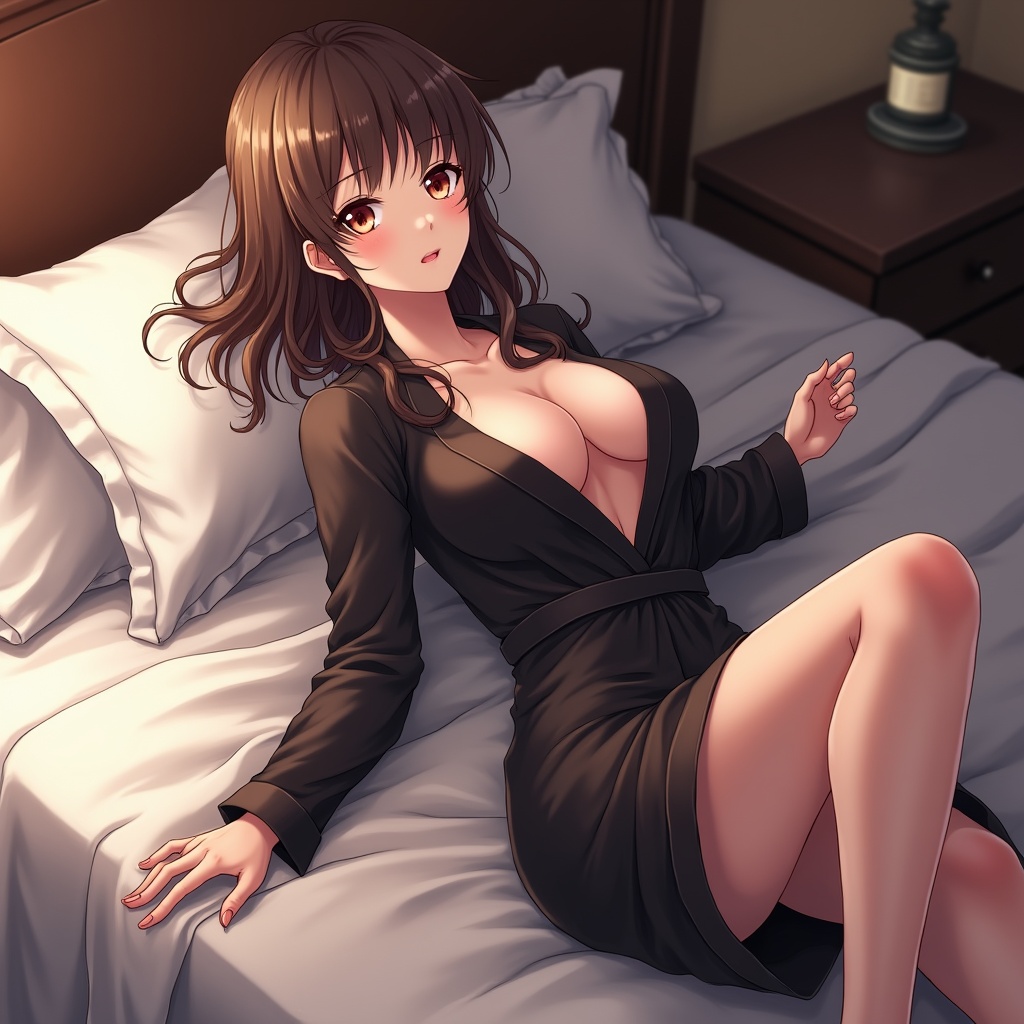 AI generated image by FLUX.1: > A seductive anime girl lounges on a luxurious king-size bed, her body wrapped in an elegant, dark silk robe that falls open just enough to reveal the curves beneath. One leg is bent, her foot resting delicately on the sheets while her fingers lightly trace her neckline, her eyes filled with a mischievous glint as if inviting the viewer into her private world.
