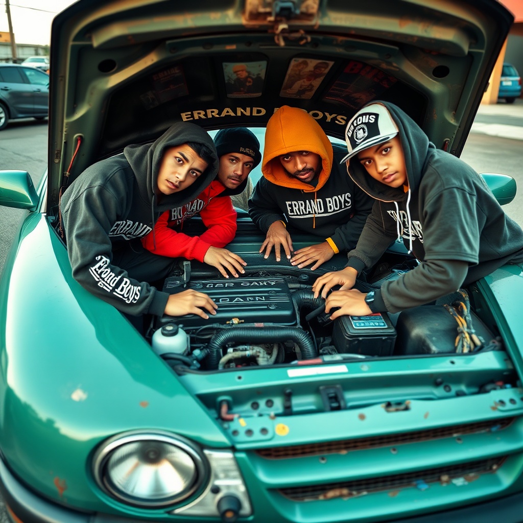 AI generated image by FLUX.1-schnell: Create an image of 4 or 5 young Christian, Hispanic gang members, working on the engine of a car. Dress them in typical gang clothing, with different colors and style, with the name "Errand Boys" on it.
