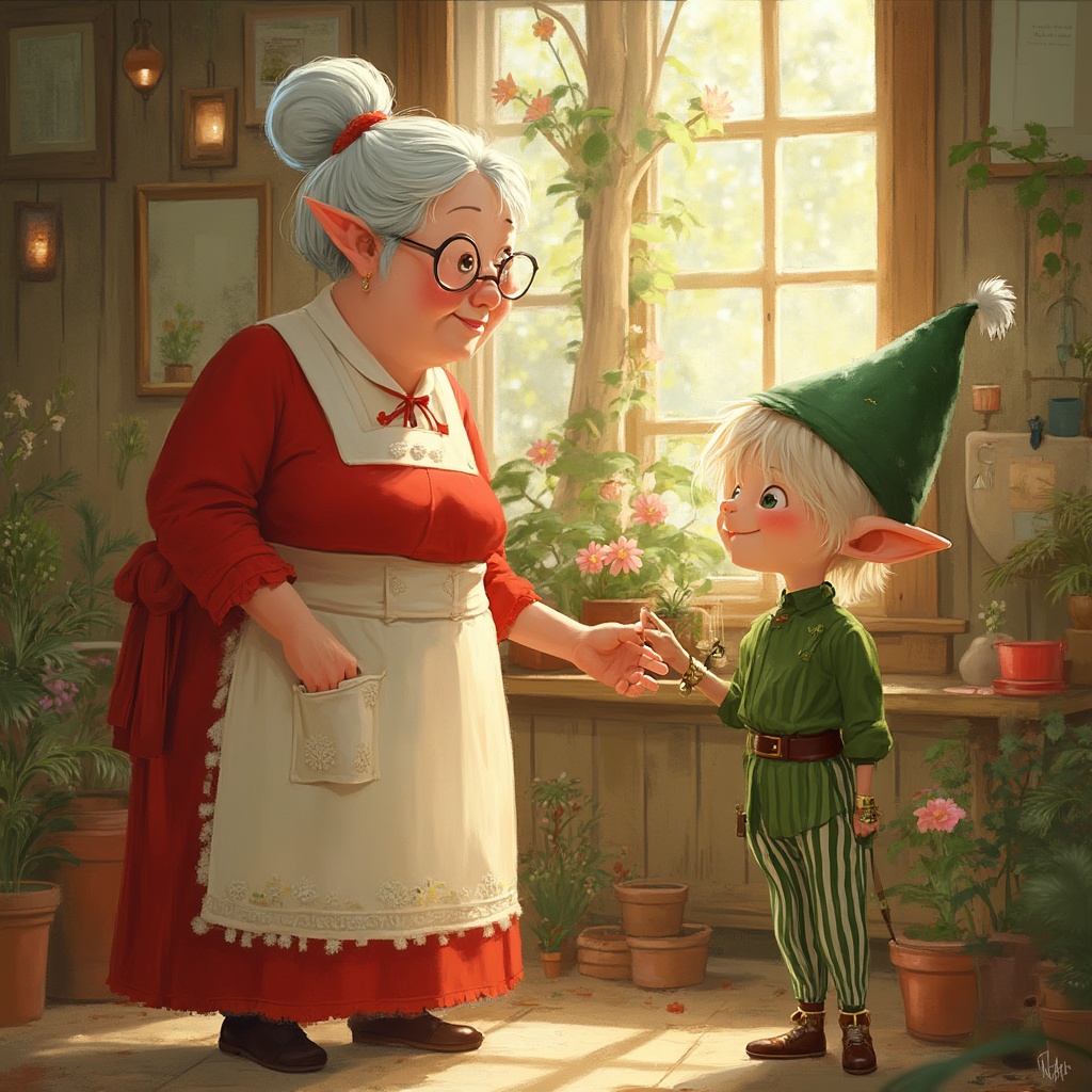 AI generated image by FLUX-Realism-Lora: Capture a heartwarming scene inside a magical greenhouse, rendered in a semi-realistic style with gouache/watercolor textures, drawing inspiration from Oliver Jeffers' softness, Chris Van Allsburg's magic, and Shaun Tan's depth. The composition should adhere strictly to established character proportions. The greenhouse interior showcases a rich tapestry of wooden textures and textiles, bathed in a diffuse, magical light that evokes a warm, golden atelier ambiance.

At the heart of the image, Mother Christmas (approximately 1.75m tall, with a round and welcoming silhouette) interacts with Flocon. She wears a classic red dress (#C1272D) complemented by a white apron embroidered with delicate snowflakes, her silver-white hair styled in an elegant bun secured with a red barrette. Her face is gentle, framed by round spectacles, and radiates a maternal smile; a subtly embroidered handkerchief peeks from her pocket.

Flocon, a young elf appearing to be in his early twenties (approximately 90cm tall), with slightly rosy skin, platinum blonde, tousled short hair revealing pointed ears, and large, expressive emerald green eyes, reaches out to touch the Velvet Cloud plant (#C8965D), a golden-brown, velvety substance growing on a central bush, exhibiting iridescent reflections. He is clad in a green tunic (#2D5016), a brown belt, striped green and white pants, and a slightly tilted green hat with a white pompom; pointed, upturned shoes with golden bells complete his attire. His signature accessory, a pencil, is tucked behind his ear.

The overall visual language should emphasize the richness of textures and the interplay of light and shadow, creating a sense of depth and wonder. Maintain visible details throughout the image. The final output is a square image with dimensions of 2000x2000 pixels, devoid of any textual elements.
