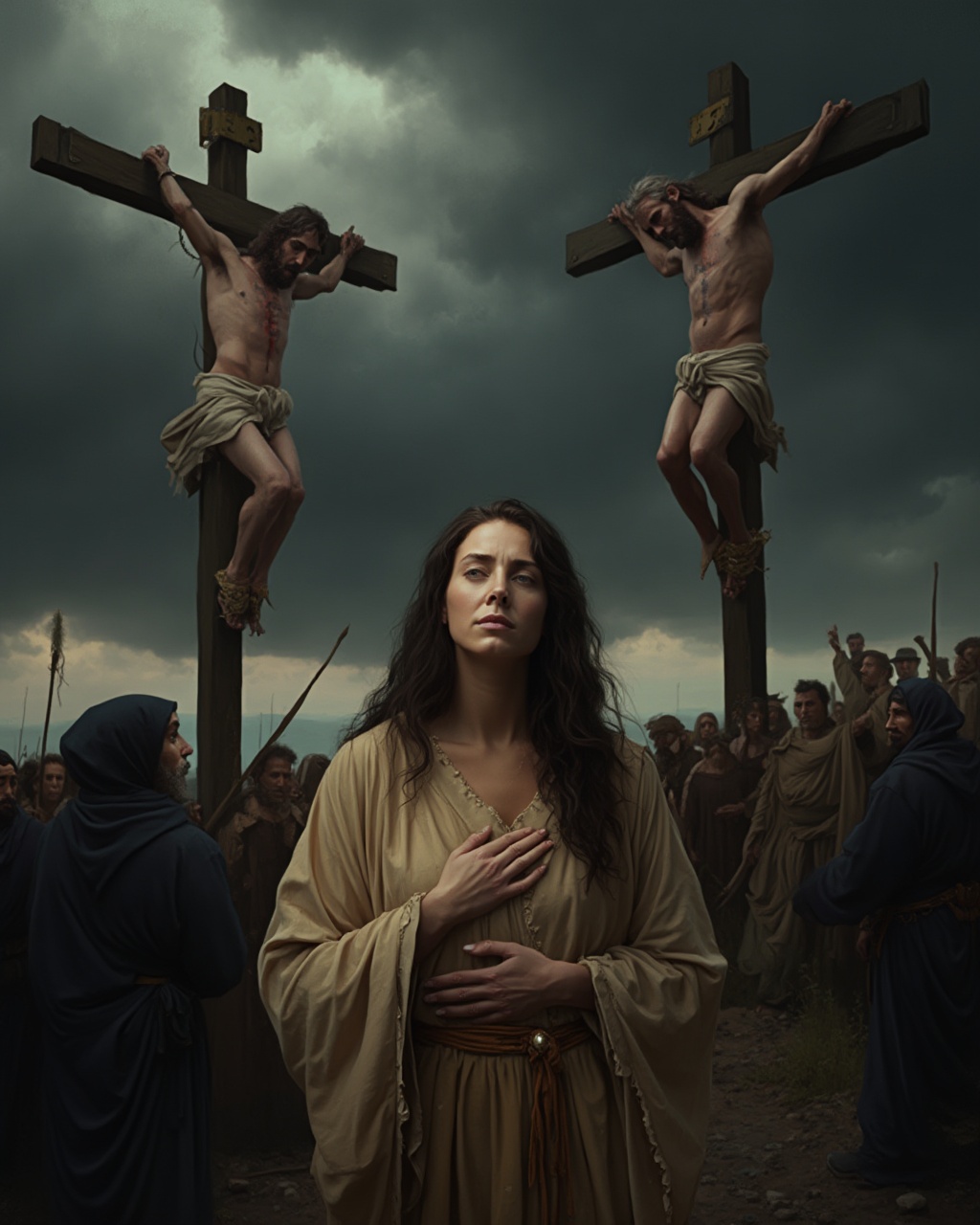 AI generated image by FLUX-Realism-Lora: A highly realistic and dramatic scene set against a dark, stormy sky portrays the crucifixion of Jesus and a thief on crosses, with a sorrowful woman standing in the foreground, her hands clasped over her heart in a gesture of grief and reverence. Jesus hangs on the cross with an expression of pain yet serenity, his body bruised and marked, wearing only a cloth around his waist. The woman, dressed in simple beige robes, gazes downward with a somber, pained expression, her dark hair flowing freely around her shoulders. Behind her, a crowd of onlookers, mostly cloaked in dark clothing, witness the moment with expressions of sorrow and shock. The lighting casts a dramatic contrast, illuminating her face and the figures on the crosses, creating a poignant atmosphere filled with reverence, sorrow, and spiritual depth. The surrounding landscape is a barren hill with ominous clouds gathering above, emphasizing the gravity of the moment and conveying a deep sense of sacrifice, compassion, and faith.