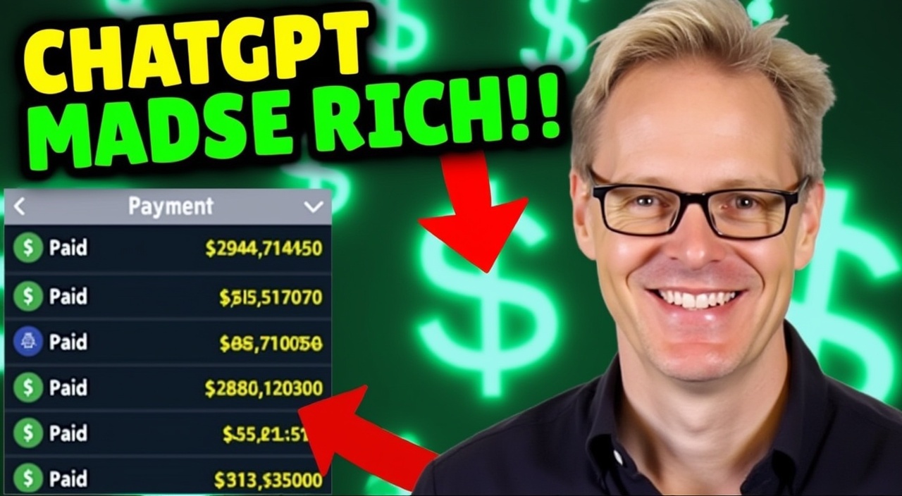 AI generated image by FLUX.1-pro: A confident man with light-colored hair, wearing glasses and a dark shirt, smiling at the camera. Behind him, a background with neon dollar symbols and green, glowing lights, giving a financial or tech-inspired atmosphere. To the left, a screenshot of digital payment transactions each marked as "Paid" in green. A bold, attention-grabbing text in bright green and yellow at the top reads, "CHATGPT MADE ME RICH!" with a large red arrow pointing to the highest payment amount, emphasizing earnings. The thumbnail is vibrant and uses high contrast colors to draw attention.