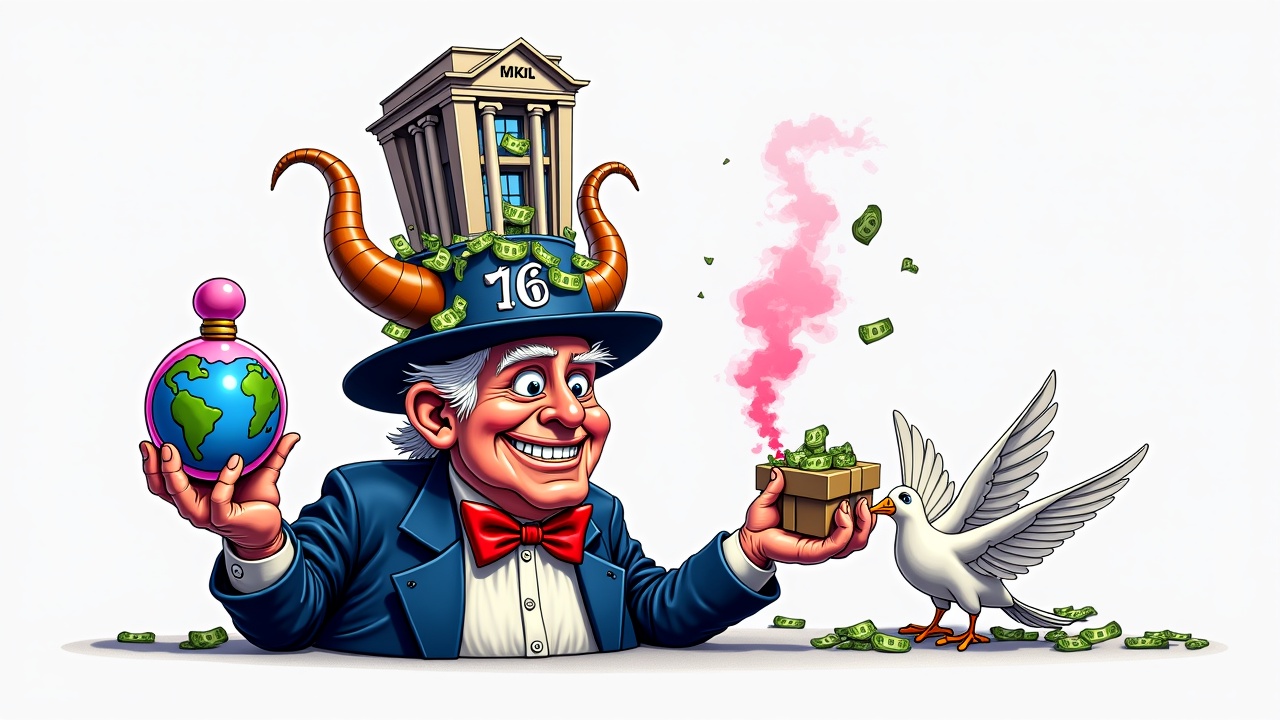 AI generated image by FLUX.1: A satirical cartoon caricature: Uncle Sam in a dark blue suit with red accents, an arrogant grin, bulging eyes with dollar signs, and horns shaped like the number "16" on his head. His head is composed of cash stacks topped by a small store building with glass facades. On his back is a massive bank building overflowing with cash, causing him to lean forward from the weight. In front of him, two doves make a transaction: one dove offers a package, and the other hands over money. His left hand holds a pink perfume bottle shaped like the Earth, spraying a pink mist. Bright, saturated colors, bold lines, in a satirical and playful cartoon style, isolated on a white background.