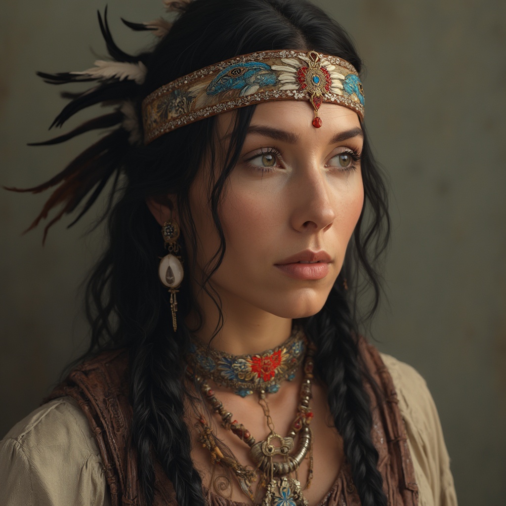 AI generated image by FLUX-Realism-Lora: Ultra realistic woman, model, with native American clothes, bird feathers