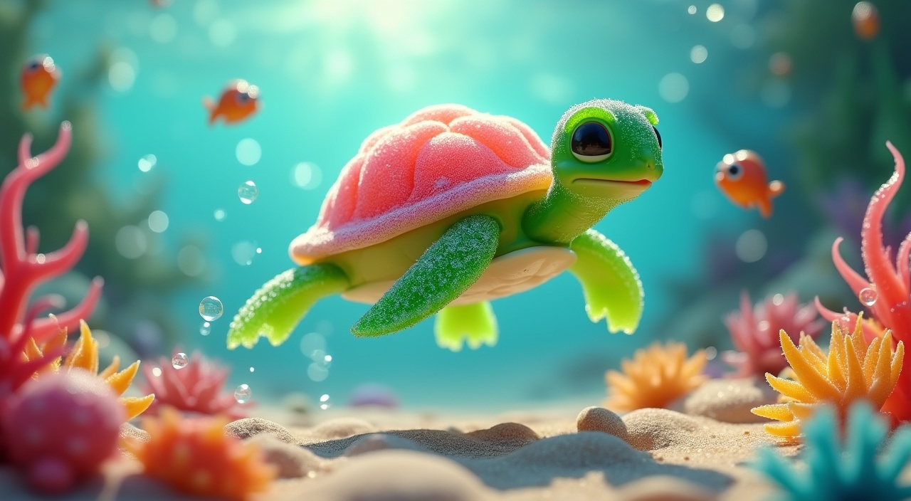 AI generated image by FLUX.1-pro: Animate a gummy turtle gliding slowly through a sparkling gummy ocean. The turtle has a glossy, jelly-like shell in vibrant colors. It interacts with gummy fish and sea creatures, leaving a trail of colorful bubbles behind as it swims. The scene is bright and playful, showcasing the gummy turtle's gentle nature