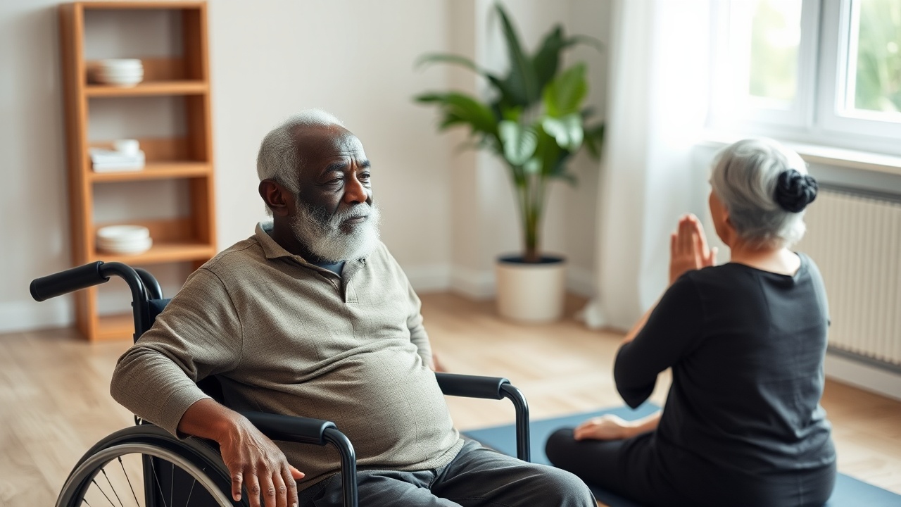AI generated image by FLUX.1-schnell: A very old black man on a wheelchair having a yoga session with an old caucasian woman.
They are in front of a woman teacher with black hairs.