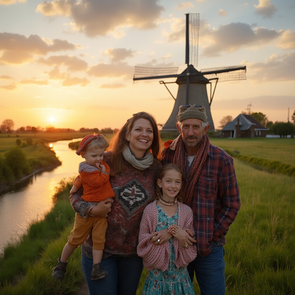 AI generated image by FLUX-Realism-Lora: A hyperrealistic photo of a family on vacation in the Netherlands. The family, consisting of two adults and two children, stands in front of a picturesque windmill at sunset. They are dressed in cozy, colorful casual wear, smiling warmly as they lean together for the camera. In the background, a classic Dutch landscape unfolds with green meadows, small canals, and scattered trees. The clouds in the sky reflect the warm hues of the sunset, casting a soft light over the scene, creating a peaceful and joyful vacation atmosphere. (Taken with: full-frame camera, 35mm, f/2.8, ISO 100)