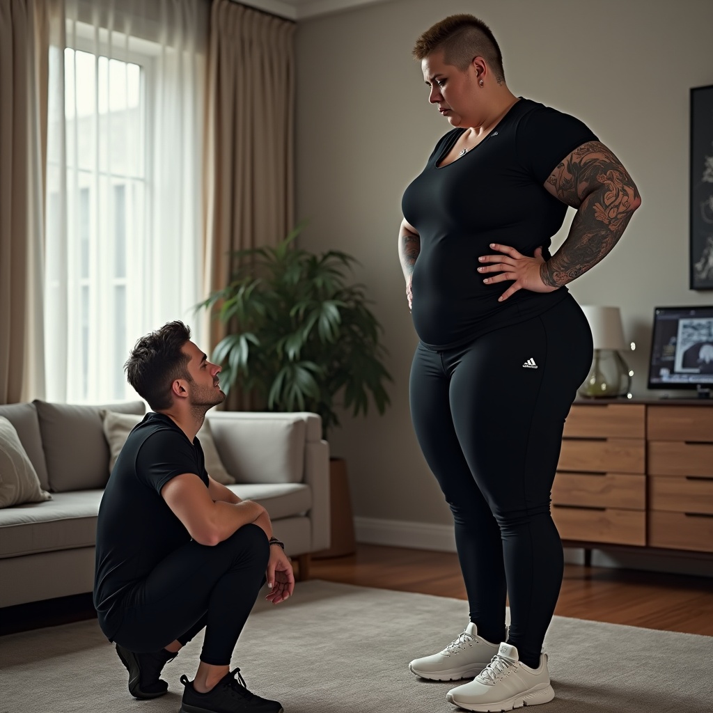 AI generated image by FLUX.1: massive busts lady very very tall  ,huge and large ass, huge thighs, ,  ,very fat arms  ,150 kg  ,large shoulders, big tits, very big muscle calves ,  hands on hips   that accentuates her powerful physique soc ,slave is kneeling before her ,   short haircut , sports Shirt ,  adidas shoes , Skinny Workout Pants
adidas shoes   jeans ,   implying a strong sense of control and authority, , cruel , Full body side view biside, possibly with tattoos or scars, hinting at a complex personality, office  , looking down , angry face ,  open legs
 side view,  in an modern living room as her subordinated rightless tall slave is standing  before her, he is slapped  low view down to up