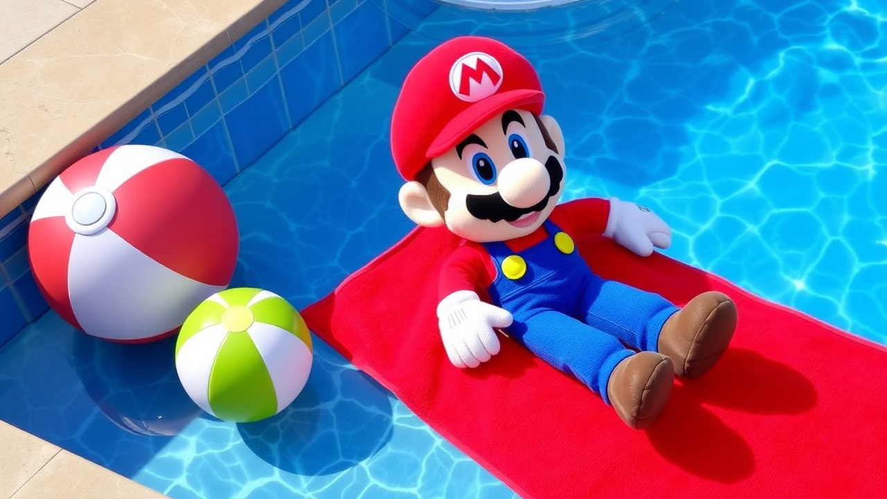 AI generated image by FLUX.1-schnell: Mario Plush Swimming Pool Red Towel Beach Ball