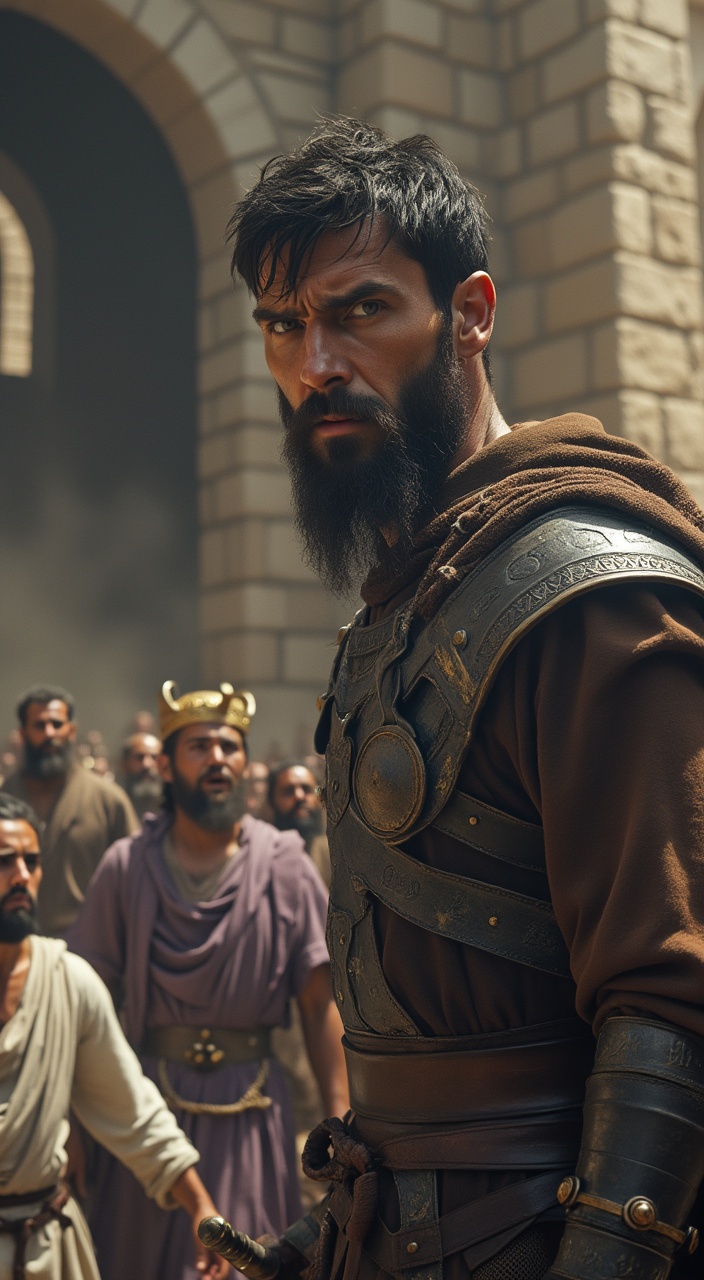 AI generated image by FLUX.1-pro: "Ultra-detailed 8K shot, Jehu, a 35-year-old man, weathered tan skin, messy black hair, trimmed beard, fierce dark eyes, worn leather armor, brown tunic, gleaming drawn sword, standing before a stone palace, pointing at a high window, Jezebel pushed by eunuchs in white tunics, nervous sweaty faces, Jezebel’s purple dress billowing, small golden crown wobbling, dark gray sky, swirling dust in the air, 9th century BC, tense cinematic style with hyper-realistic textures in skin, metal, and stone."