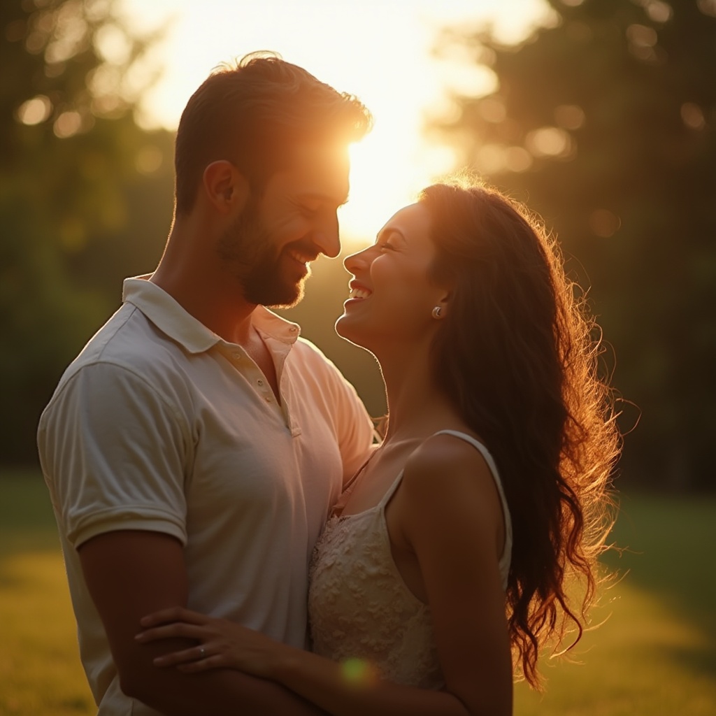 AI generated image by FLUX-Realism-Lora: foto realista de una pareja abrazandose y mirandose fijamente con una sonrisa en un parque en primavera con luz de sol tenue, calidad 8k, enfoque nitido