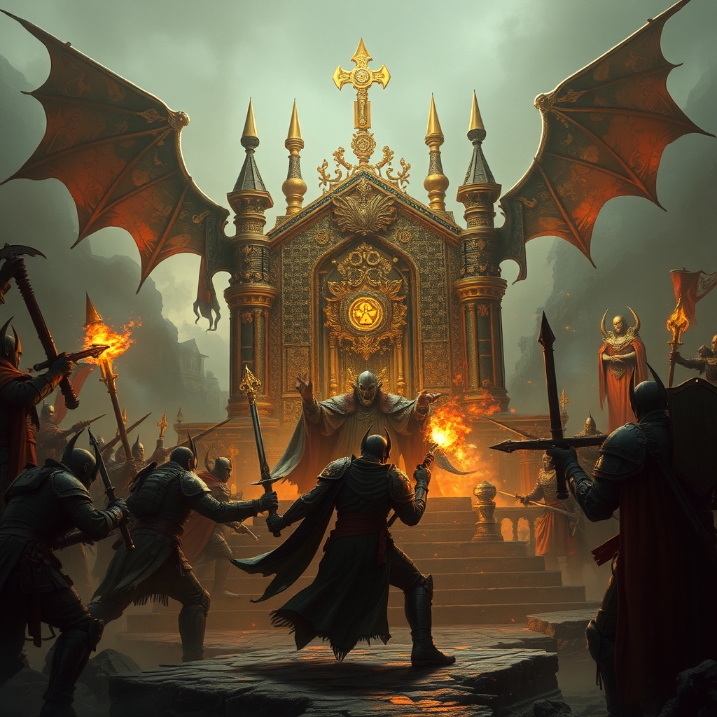 AI generated image by FLUX.1-schnell: The golden throne from warhammer 40k under assault by demonic forces with inquisition forces pushing them back