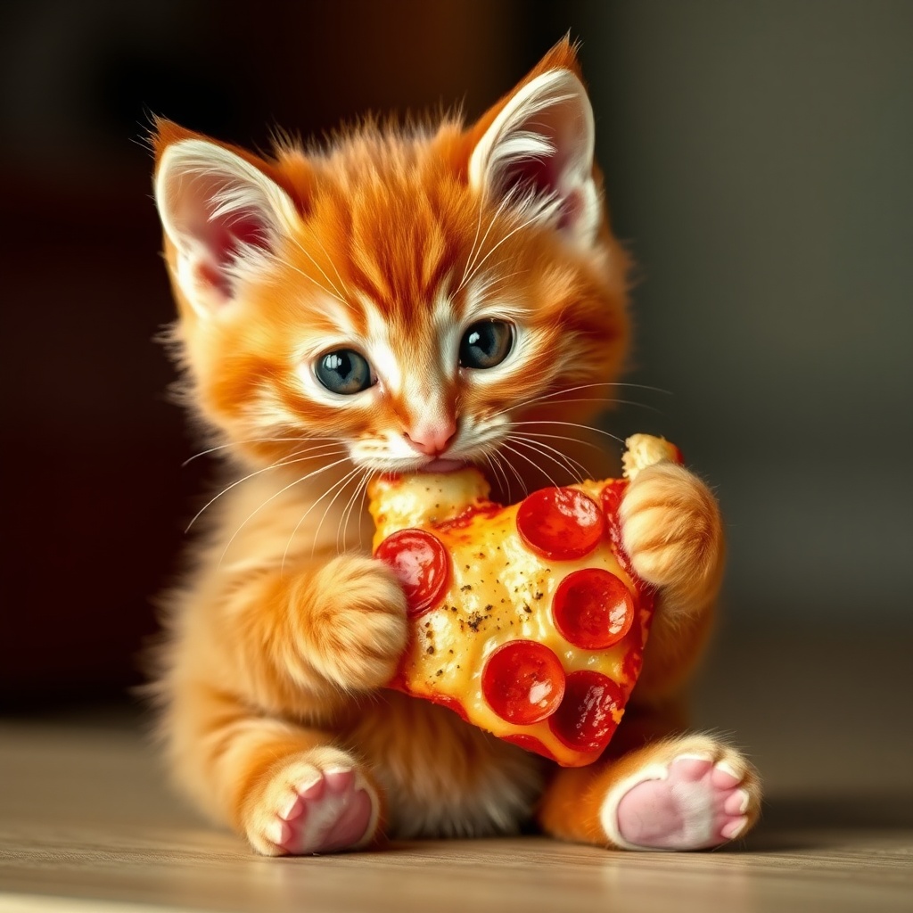 AI generated image by FLUX.1-schnell: A cute red kitten holds a piece of pizza in its paws and takes a bite