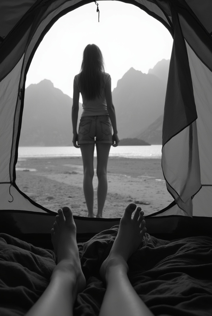 AI generated image by FLUX-Realism-Lora: A black-and-white photograph from inside a tourist tent, showing bare feet in the foreground. In the midground, the silhouette of a young woman is standing with her back to the viewer, wearing denim shorts. Her legs are shoulder-width apart. It's daytime, with a natural scene of mountains and a lake in the background

