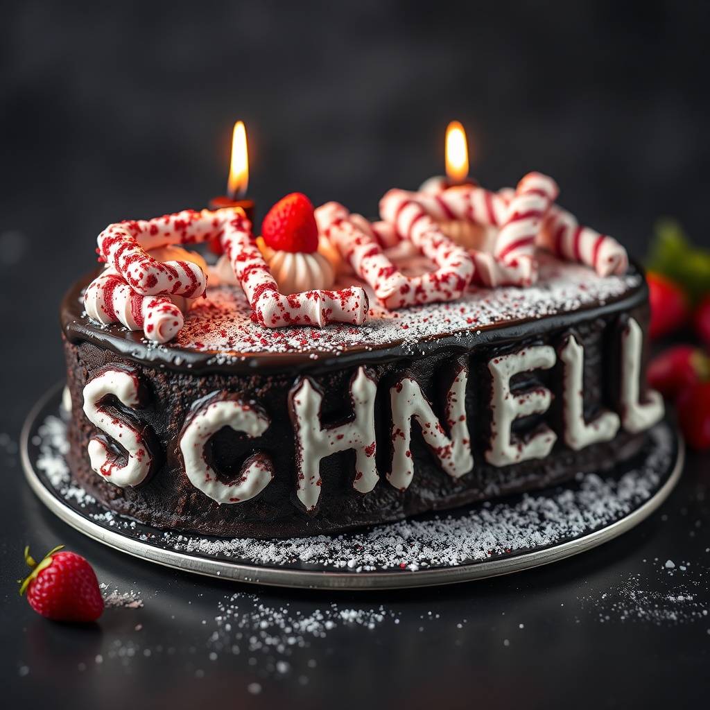 AI generated image by FLUX.1-schnell: black forest gateau cake spelling out the words "FLUX SCHNELL", tasty, food photography, dynamic shot