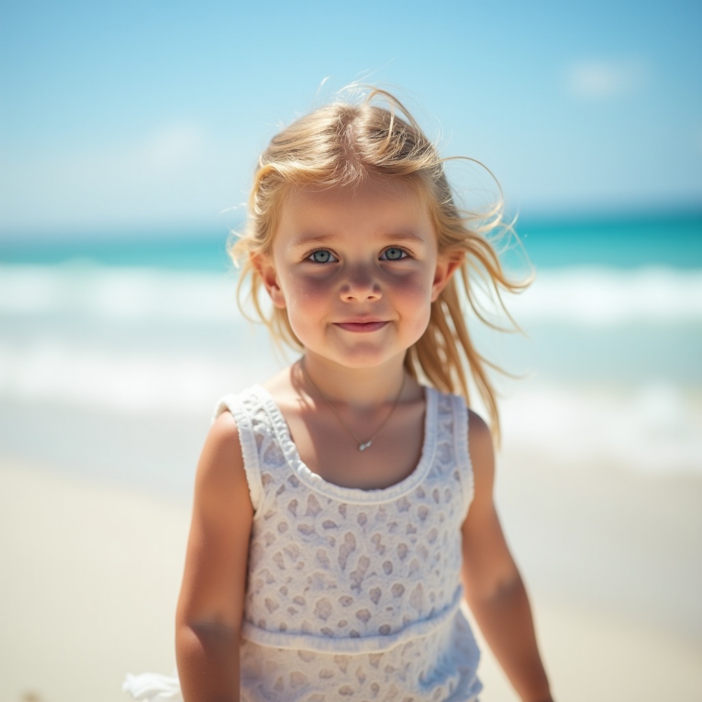 AI generated image by FLUX.1: Beautiful blue-eyed girl, medium height, walking on a beach, the sea in the background