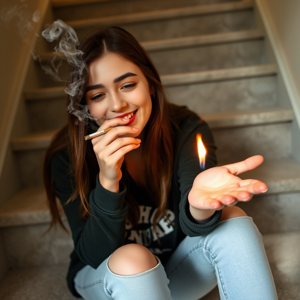 AI generated image by FLUX.1-schnell: A young woman is sitting on a stair case and is smiling as she smokes a joint and holds her left hand out. From her palm a small flame is coming out.