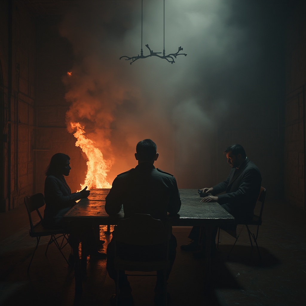 AI generated image by FLUX.1-pro: an anonymous witness is being interrogated in a very dark room, the room is in fire