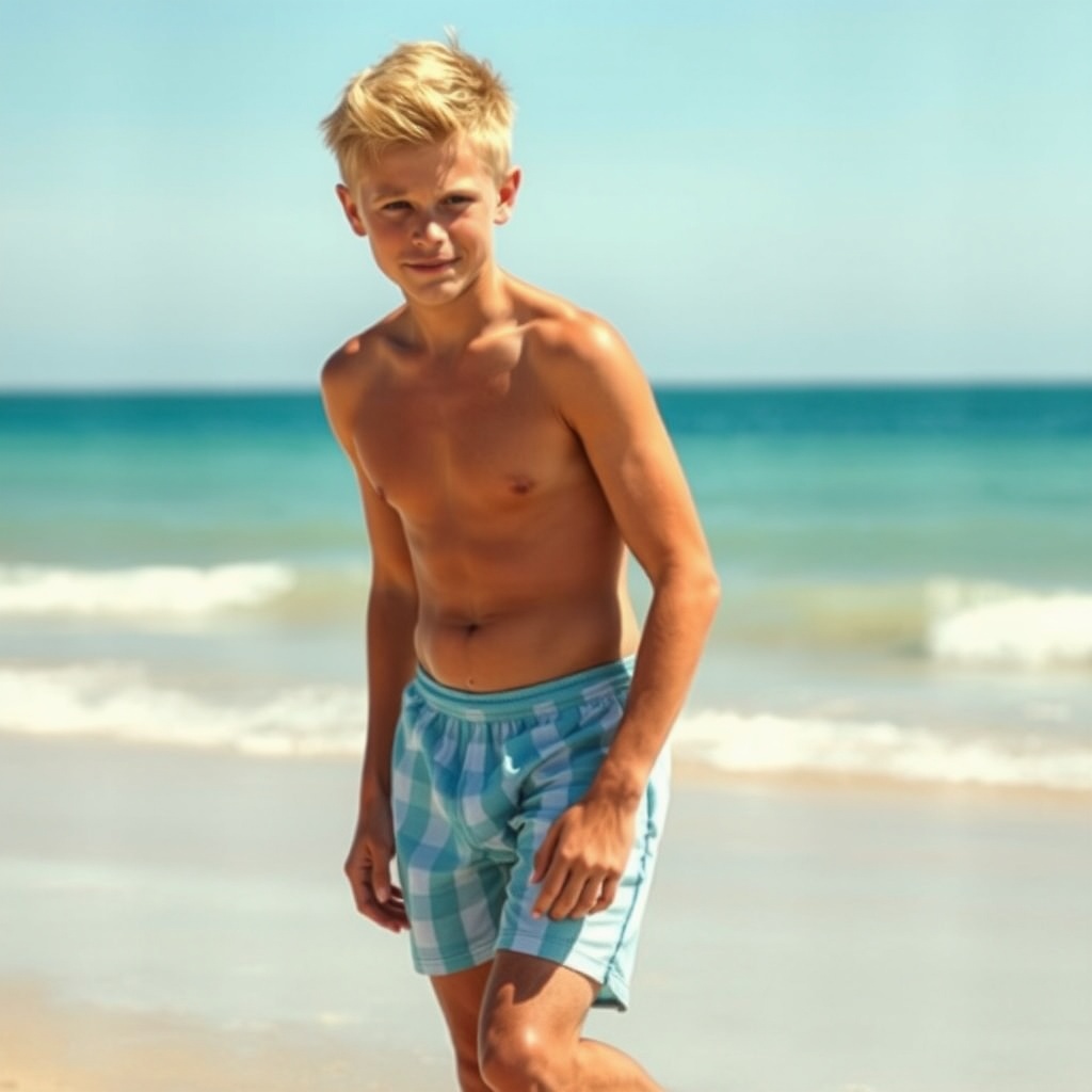 AI generated image by FLUX.1-schnell: garçon de huit ans blond en maillot de bain sur la plage
