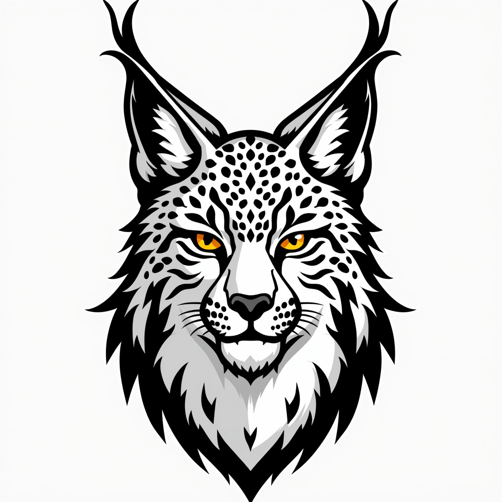 AI generated image by FLUX.1-pro: a realistic logo symbol featuring a Eurasian Lynx with long ears and a small face, shown in a natural yet wild expression. The lynx has black-and-white, leopard-like patterns on its fur, rendered in a clean, minimalist, vector-based style. Use simple, bold, and symmetrical black lines on a white background. The logo should convey strength and athleticism, with sharp, clean lines ideal for sports club branding.